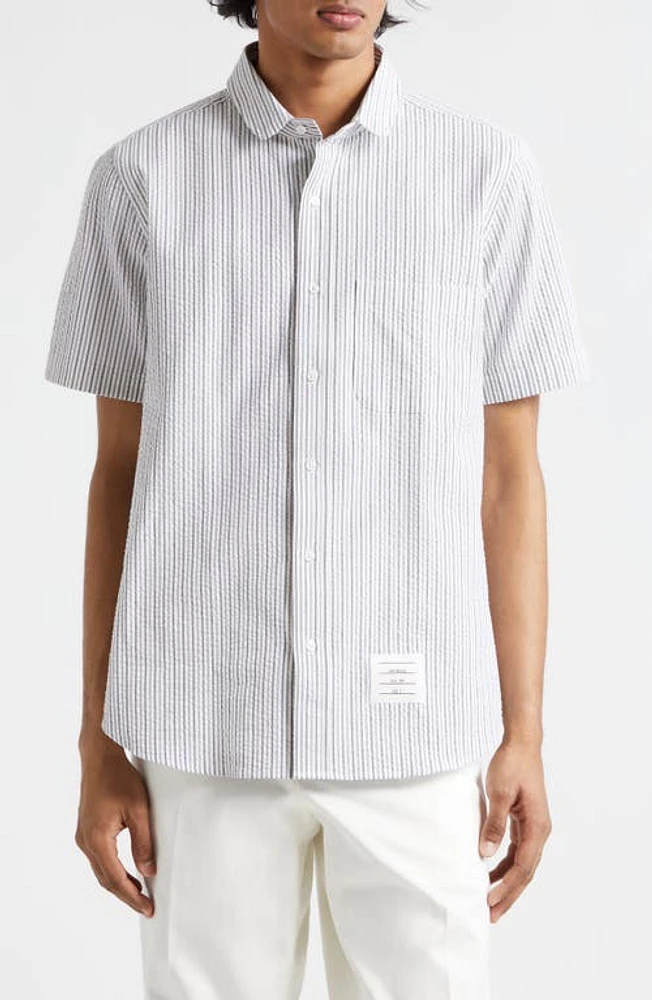 Thom Browne Straight Fit Stripe Cotton Seersucker Button-Up Shirt at Nordstrom,