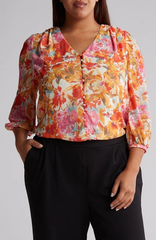 Vince Camuto Floral Button-Up Top Tulip Red at Nordstrom,