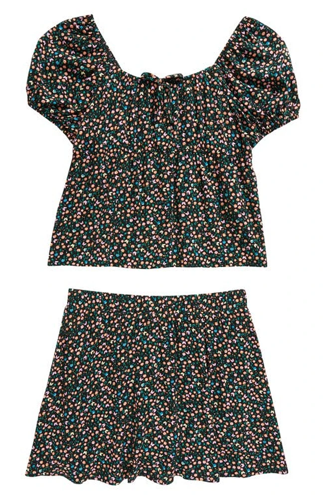 Love, Fire Kids' Floral Top & Shorts Set Black Ditsy at