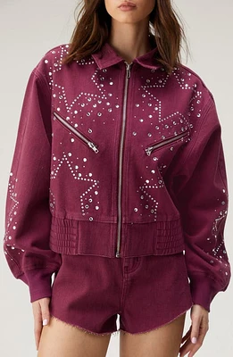 NASTY GAL Embellished Star Denim Bomber Jacket Pink at Nordstrom,