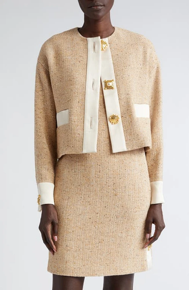 St. John Collection Crepe Trim Boxy Tweed Jacket Light Sand at Nordstrom,