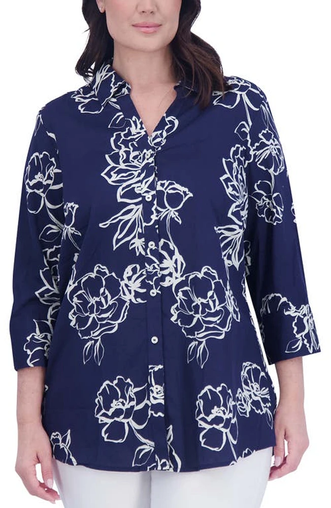 Foxcroft Mary Floral Cotton Sateen Button-Up Shirt Navy at Nordstrom,