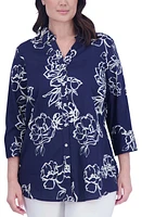 Foxcroft Mary Floral Cotton Sateen Button-Up Shirt Navy at Nordstrom,