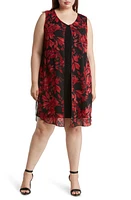 Connected Apparel Floral Chiffon Overlay Cape Dress Red at Nordstrom,