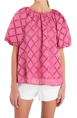 English Factory Embroidered Tie Back Puff Sleeve Top Berry Pink at Nordstrom,