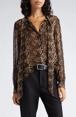 Nili Lotan Carina Snakeskin Print Tie Neck Silk Shirt in Beige Python at Nordstrom, Size X-Large