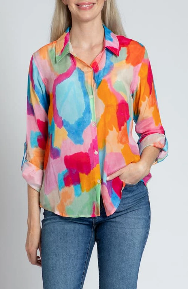 APNY Print Roll-Up Sleeve Chiffon Button-Up Shirt Multi at Nordstrom