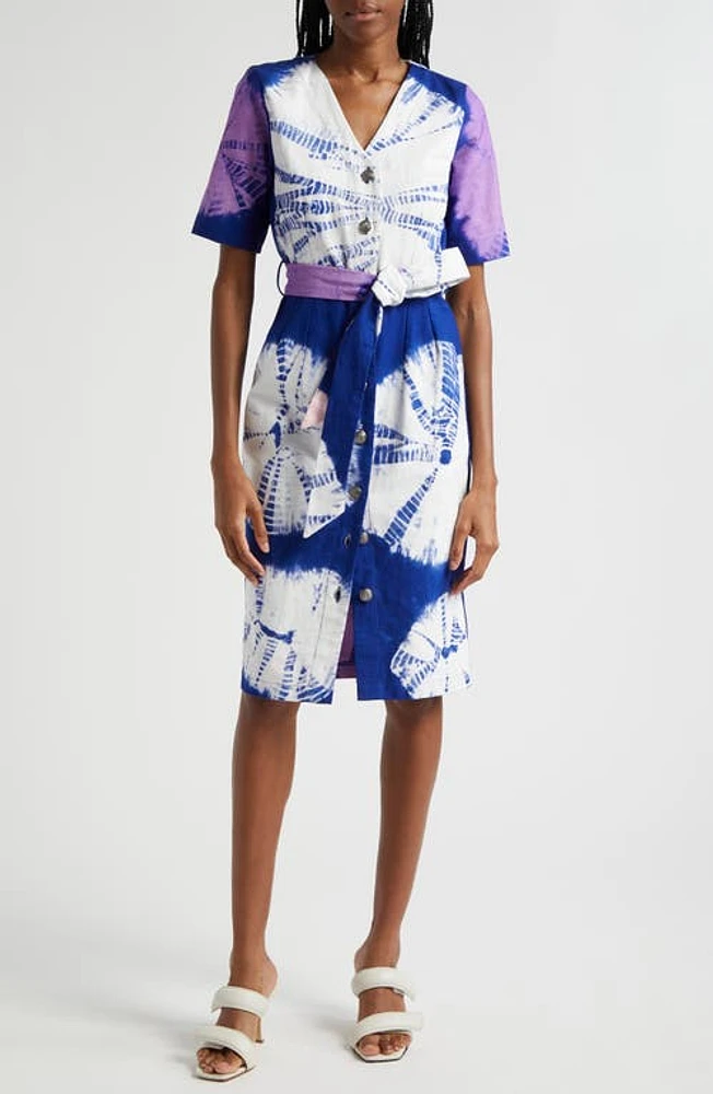 BUSAYO Kuti Tie Belt Button Front Denim Midi Dress Blue Multi at Nordstrom,