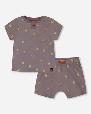 Deux Par Deux Baby Boy's Organic Cotton Top And Short Set Dark Grey With Printed Pixel Dog in Dark Grey With Printed Dog at Nordstrom