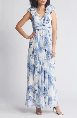 Eliza J Floral Ruffle Strap Gown Blue White at Nordstrom,