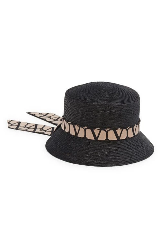 Valentino Garavani VLOGO Toile Twilly Straw Bucket Hat Y7H Nero/Beige/Nero at Nordstrom,