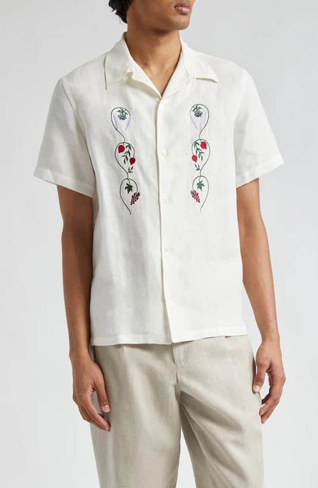 De Bonne Facture Embroidered Linen Camp Shirt in Garden Of Eden White at Nordstrom, Size Large