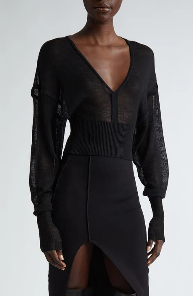 Rick Owens Sheer V-Neck Wool Sweater Black at Nordstrom,