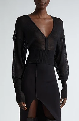 Rick Owens Sheer V-Neck Wool Sweater Black at Nordstrom,