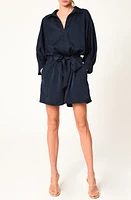 CIEBON Emery Tie Waist Satin Romper Navy at Nordstrom,