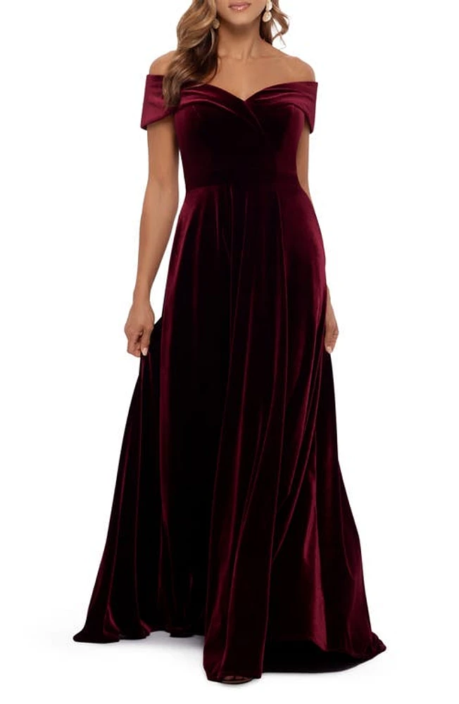 Xscape Evenings Off the Shoulder Velvet Gown Burgundy at Nordstrom,