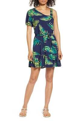 Loveappella Palm Print One-Shoulder Knit Dress Navy at Nordstrom,