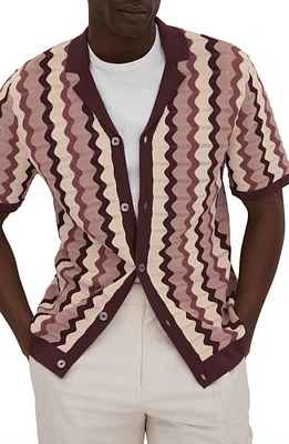 Reiss Summer Pointelle Zigzag Stripe Knit Button-Up Shirt Rose Multi at Nordstrom,