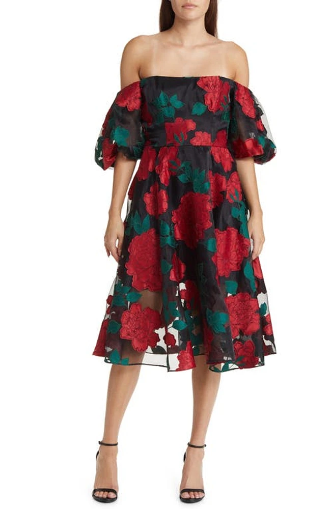 Marchesa Notte Floral Puff Sleeve Off the Shoulder Dress Black Combo at Nordstrom,