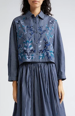 Loretta Caponi Assia Floral Embroidered Stripe Crop Button-Up Shirt Blue Denim Leaves at Nordstrom,