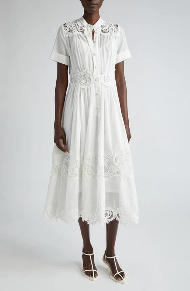 Zimmermann Pop Lace Trim Midi Shirtdress Ivory at Nordstrom,