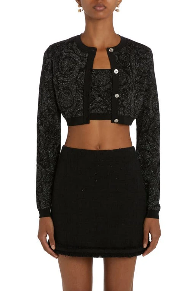 Versace Barocco Metallic Jacquard Crop Cardigan in Black at Nordstrom, Size 8 Us