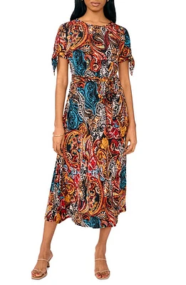 Chaus Print Split Sleeve Tie Cuff Midi Dress in Black/Teal/Red at Nordstrom, Size Large