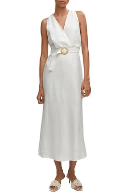 MANGO Belted Linen Dress Off White at Nordstrom,