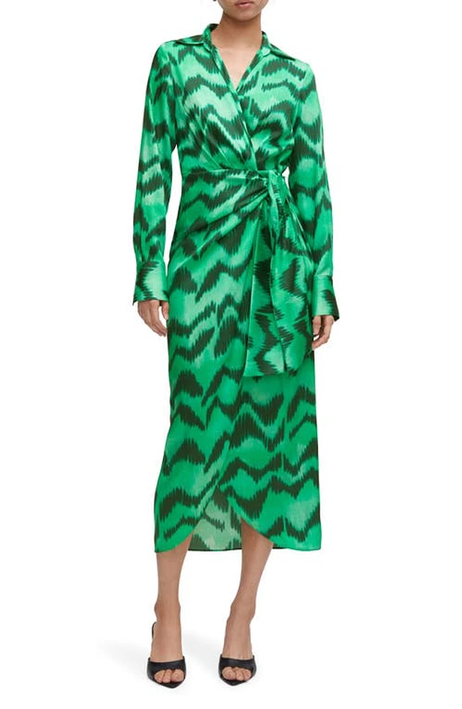 MANGO Long Sleeve Satin Wrap Shirtdress Green at Nordstrom,