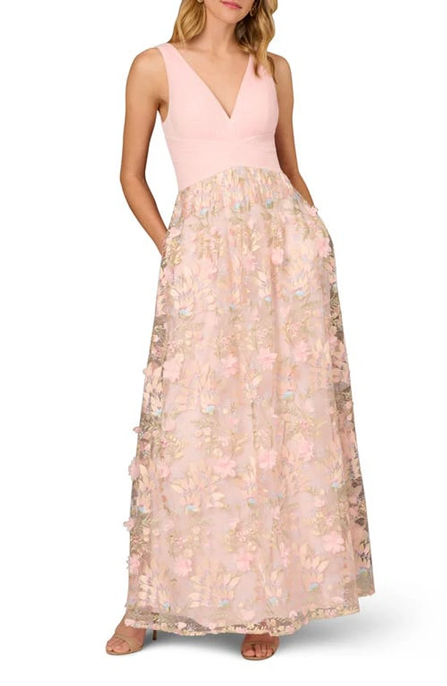 Aidan Mattox by Adrianna Papell Floral Embroidered Mesh Ballgown in Pink Multi at Nordstrom, Size 6