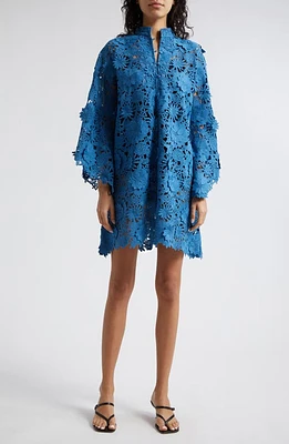 La Vie Style House 3D Floral Lace Cover-Up Mini Caftan in Blue Crush at Nordstrom