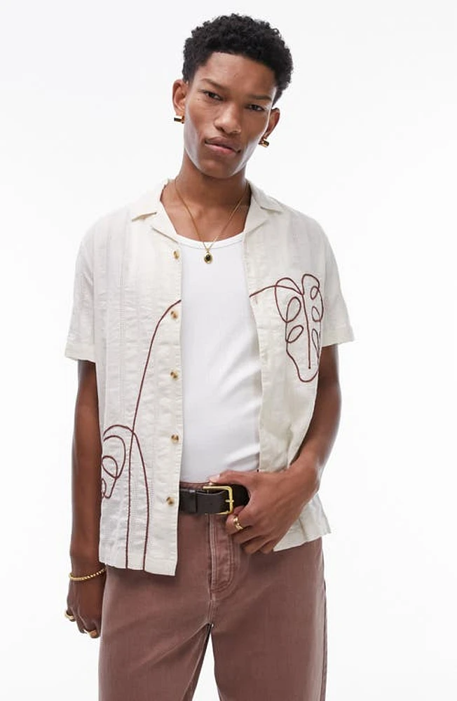 Topman Floral Embroidered Textured Cotton Camp Shirt Stone at Nordstrom,