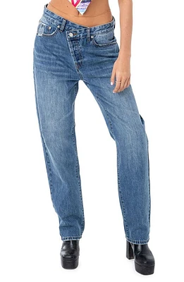 EDIKTED Crossover Boyfriend Jeans Blue at Nordstrom,