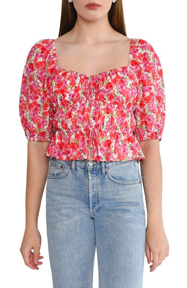 WAYF Avra Sweetheart Neck Peplum Top Red /Purple Roses at Nordstrom,