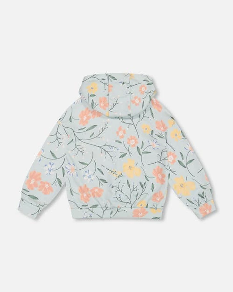 Deux Par Deux Little Girl's French Terry Hooded Sweatshirt Baby Blue With Printed Romantic Flower in Baby Blue With Romantic at Nordstrom, Size 5