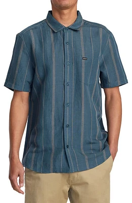 RVCA Mercy Stripe Short Sleeve Linen Blend Button-Up Shirt in Duck Blue at Nordstrom, Size Small