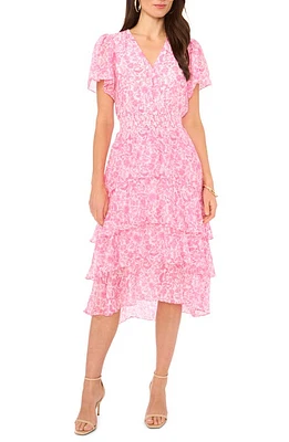 Vince Camuto Floral Tiered Midi Dress Hot Pink at Nordstrom,