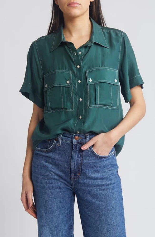 The GREAT. Cargo Silk Button-Up Shirt Deep Sea Green at Nordstrom,