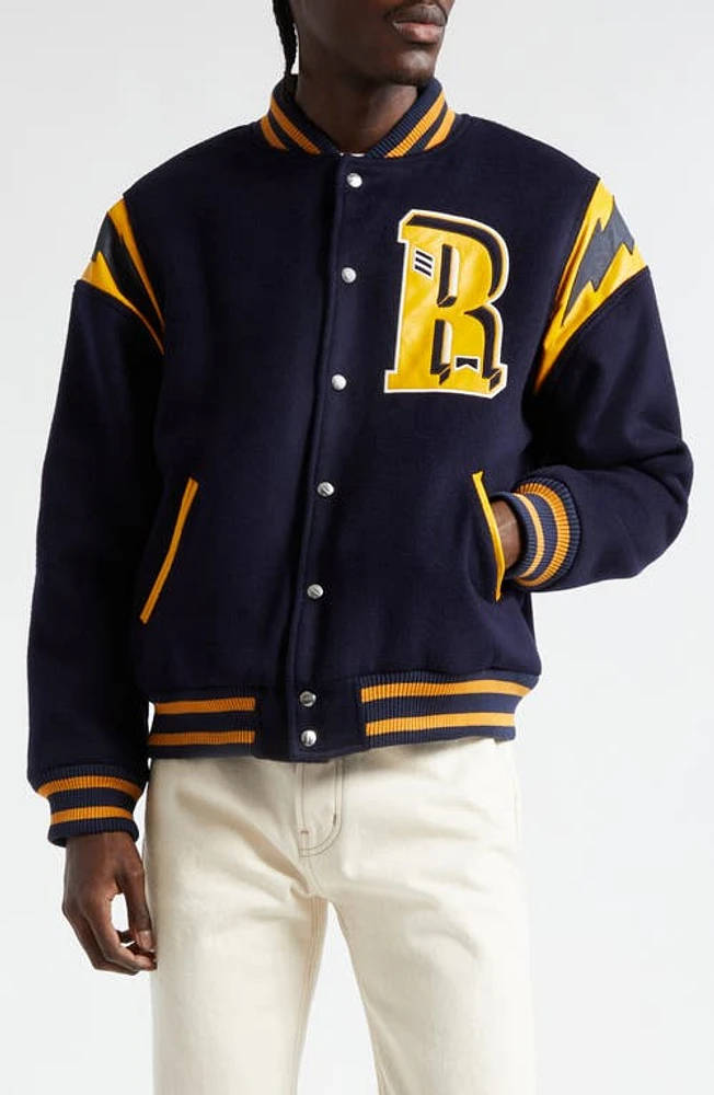 Rhude American Spirit Wool Blend Varsity Jacket Navy/Mustard Yellow at Nordstrom,