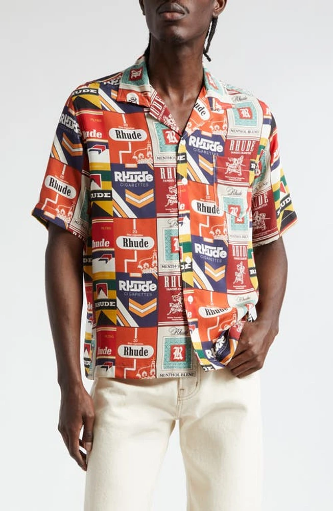 Rhude Cigarette Print Silk Camp Shirt Red Multi at Nordstrom,