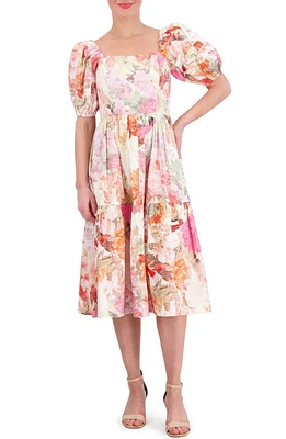 Vince Camuto Floral Square Neck Puff Sleeve Cotton Midi Dress in Pink at Nordstrom, Size 4