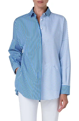 Akris punto Mixed Directional Stripe Cotton Poplin Button-Up Shirt Ink-Sky-Cream at Nordstrom,