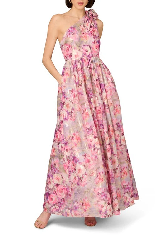 Aidan Mattox by Adrianna Papell Floral One-Shoulder Jacquard Ballgown Pink Multi at Nordstrom,