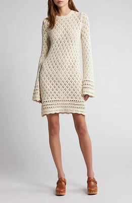 FRAME Open Stitch Long Sleeve Organic Cotton Blend Shift Dress Ecru at Nordstrom,