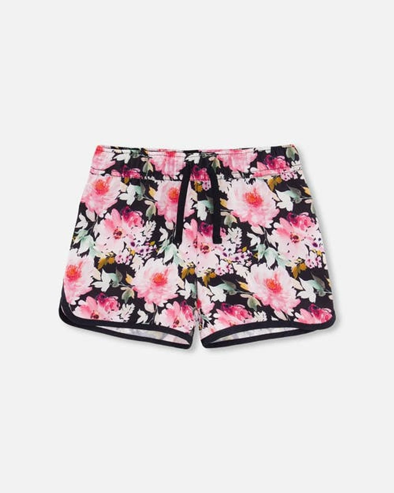 Deux Par Deux Little Girl's Athletic Shorts Black Printed Big Flowers at Nordstrom