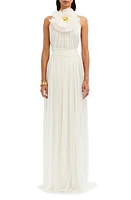 Oscar de la Renta Flower Detail Silk Chiffon Halter Gown in Ecru at Nordstrom, Size 8