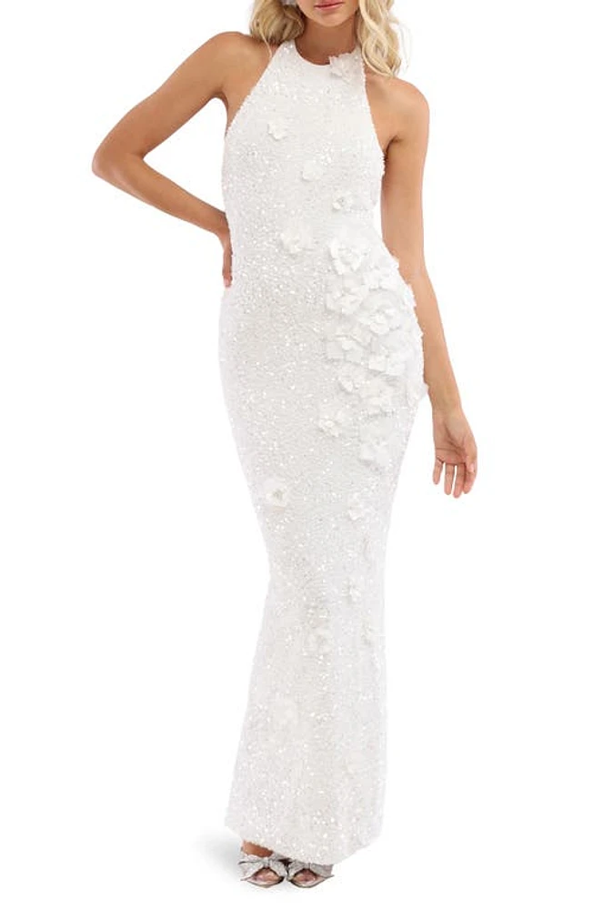 HELSI Brice Sequin & Floral Appliqué Stretch Velvet Column Gown White at Nordstrom,