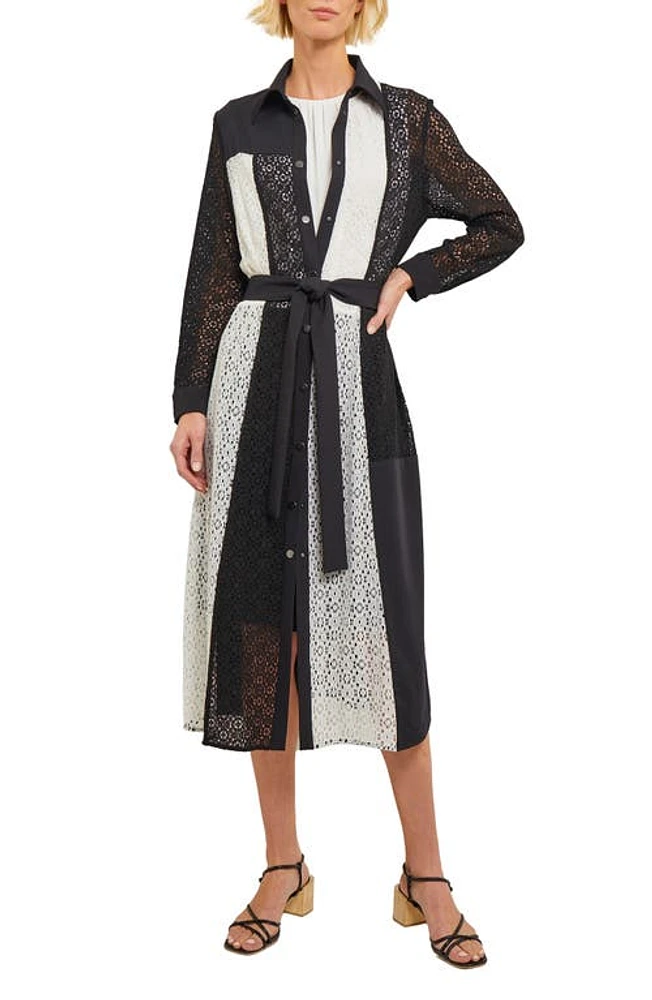 Misook Tie Waist Lace Coat Black/white at Nordstrom,