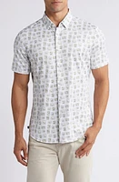 Mizzen+Main Halyard Trim Fit Print Short Sleeve Performance Knit Button-Up Shirt Fog Green Prickly Stamp at Nordstrom,