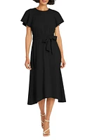 Maggy London Flutter Sleeve Tie Waist Midi Dress Black at Nordstrom,